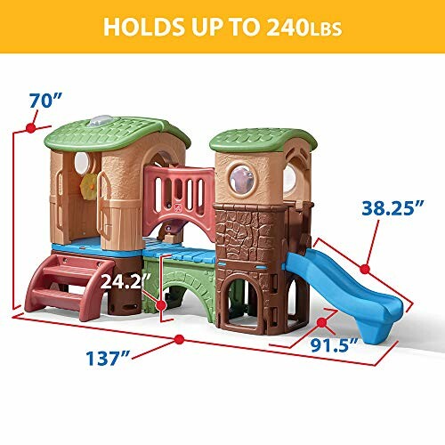 Children's playhouse with slide and measurements displayed.