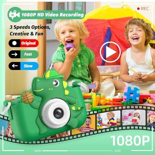 Children playing with a green dinosaur-themed camera.