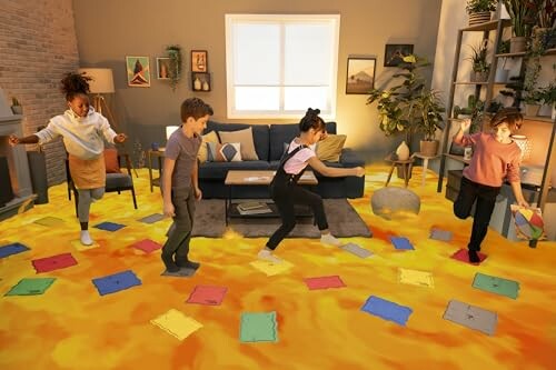 Children jumping over foam stones in a living room.