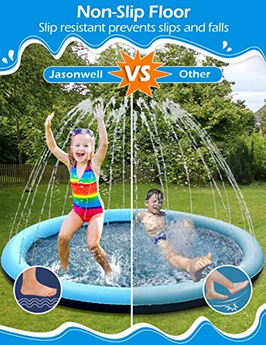 Children playing in a splash pad with non-slip floor comparison.