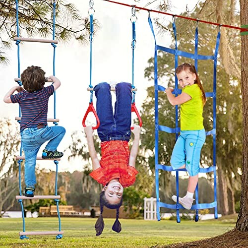 Children playing on outdoor climbing ropes and ladders.