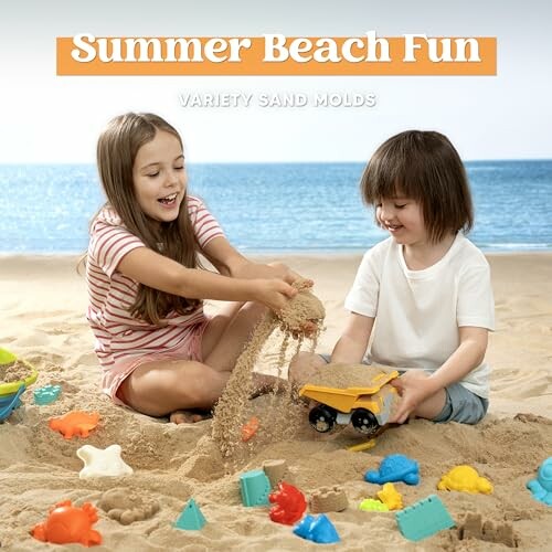 Two children playing with sand molds and toy truck on a beach.