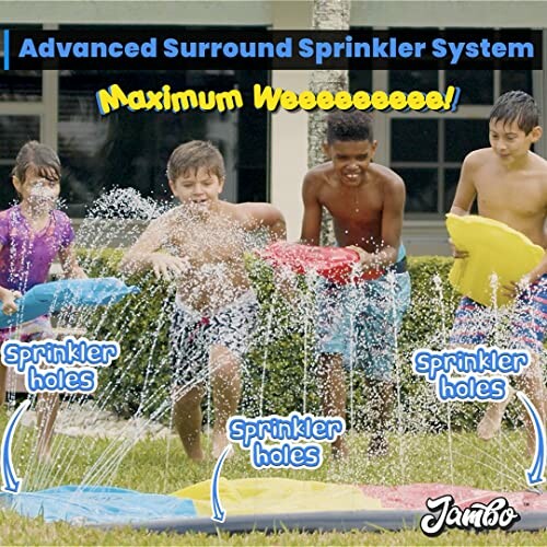 Children playing with an advanced surround sprinkler system outdoors.