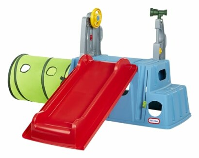 Children's playset with slide, tunnel, and climbing features.
