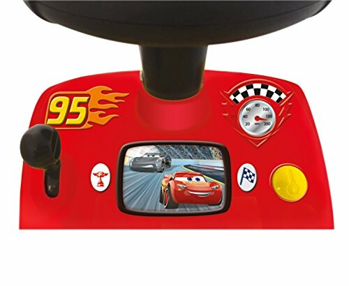 Children's red racing game console with screen and controls.