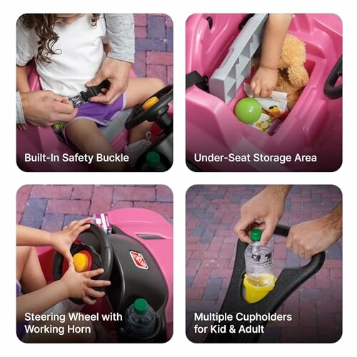 Features of a kids' ride-on car including safety buckle, under-seat storage, steering wheel with horn, and cupholders.