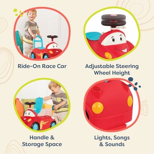 Children's ride-on race car with features: adjustable steering wheel height, handle and storage space, lights, songs, and sounds.