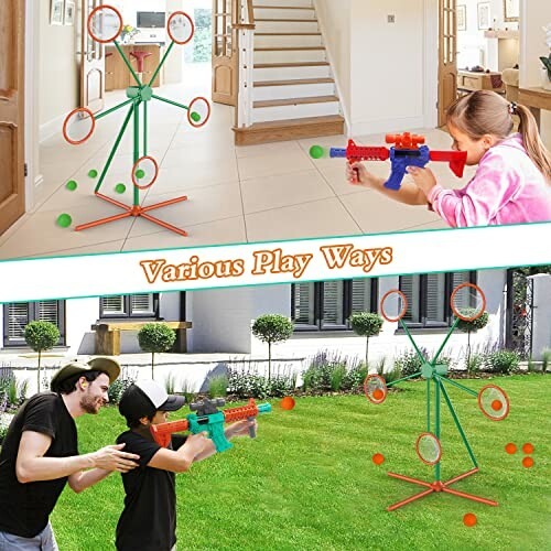 Children playing with a toy target shooting game indoors and outdoors.
