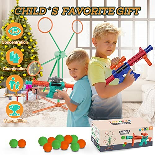 Two children playing with toy guns in front of a target game set.