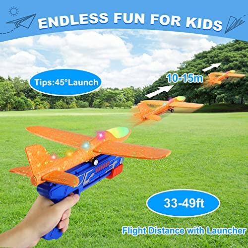 Hand launching toy planes outdoors with flight distance indicators.