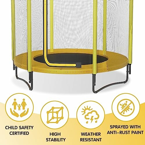 Trampoline with safety net and features: child safety certified, high stability, weather resistant, anti-rust paint.