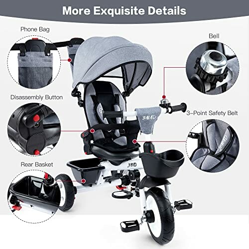 Detailed features of a kids' tricycle, including phone bag, bell, rear basket, 3-point safety belt, and disassembly button.