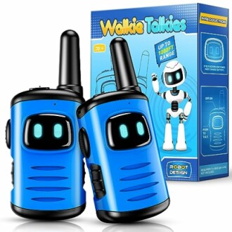 Blue kids walkie talkies with robot design and packaging.
