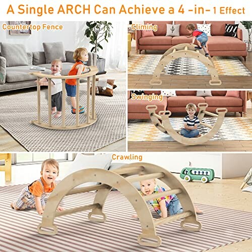 Children playing on a versatile wooden arch playset with climbing, swinging, crawling, and fence setup.