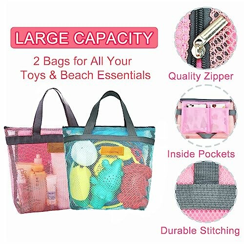 Two large capacity mesh bags for toys and beach essentials, featuring quality zipper, inside pockets, and durable stitching.