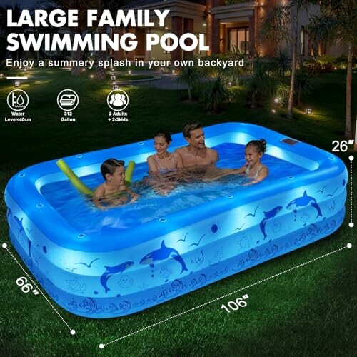 Family enjoying a large inflatable swimming pool in backyard