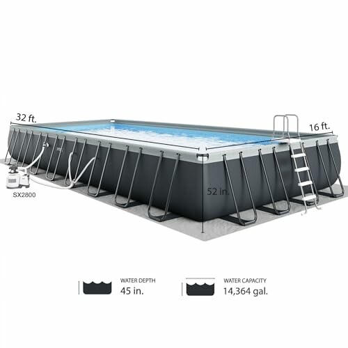Large rectangular above-ground pool with ladder and pump, dimensions labeled.