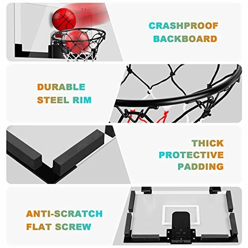 Mini basketball hoop with crashproof backboard, durable steel rim, thick protective padding, and anti-scratch flat screw.