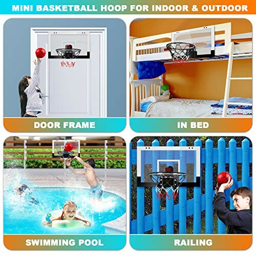 Mini basketball hoop used on door frame, bed, pool, and railing.