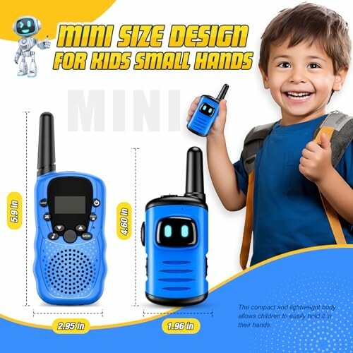 Child holding a mini walkie talkie with design details.
