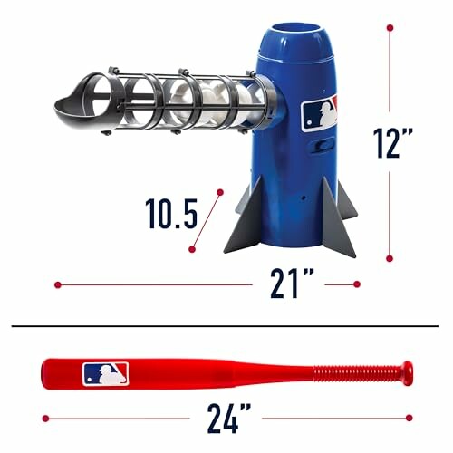 MLB pitching machine and bat with dimensions labeled.