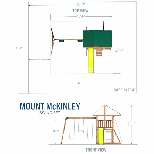 Diagram of Mount McKinley swing set with top and front views.