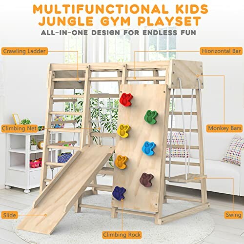 Wooden jungle gym playset with slide, climbing ladder, net, rock wall, monkey bars, and swing.