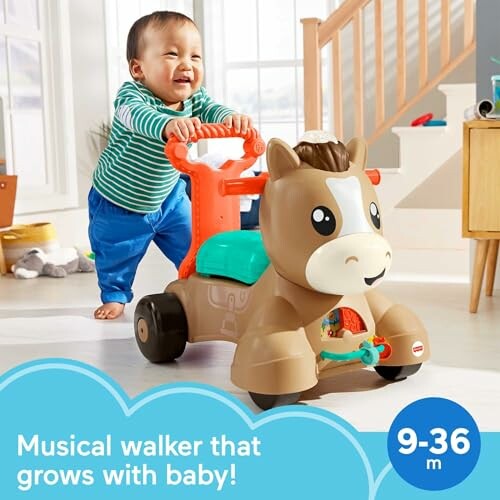 Baby using a horse-shaped musical walker indoors