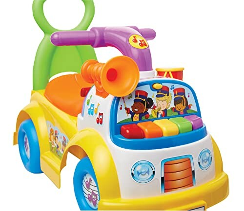 Colorful musical toy car with handle and horn.