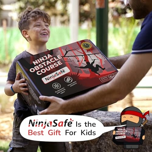 Child receiving a NinjaSafe obstacle course gift.