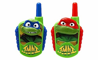 Colorful Ninja Turtle walkie talkies with blue and red antennas.