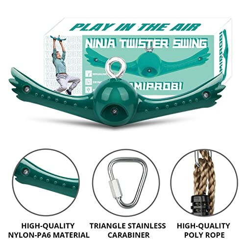 Ninja Twister Swing with durable nylon material, carabiner, and poly rope.