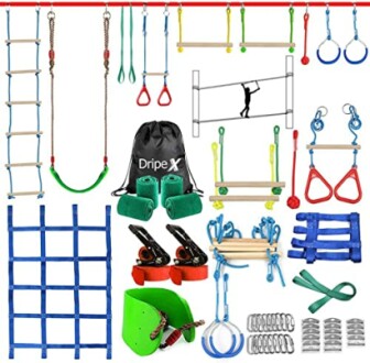 Ninja warrior obstacle course kit with ropes, rings, and accessories.