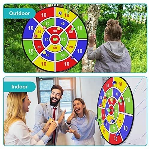 People playing a colorful dart game indoors and outdoors, highlighting the fun and excitement of the BooTaa dart board.