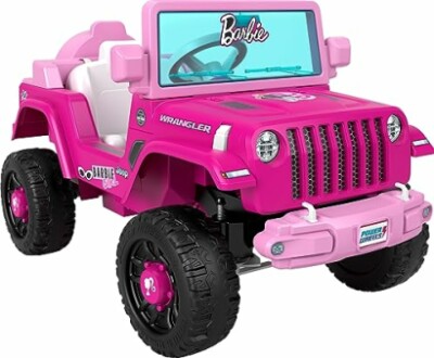 Pink Barbie-themed toy Jeep car with Power Wheels branding.