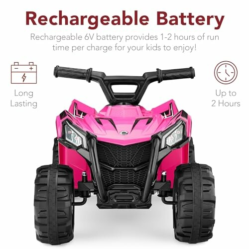 Pink kids ATV with rechargeable 6V battery, offering 1-2 hours of run time.