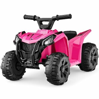 Pink kids ride-on ATV toy with black wheels