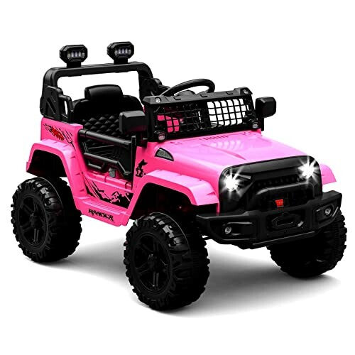 Pink ride-on toy jeep for kids with lights on.