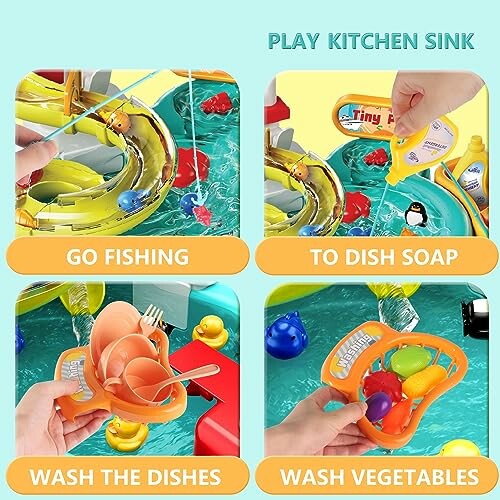 Children's play kitchen sink with fishing, dish soap, washing dishes, and washing vegetables activities.