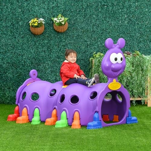 Child playing on a purple caterpillar tunnel in playground