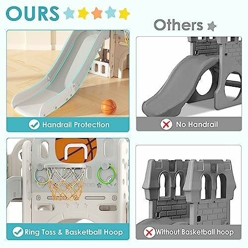 Comparison of playground slides with and without handrails, ring toss, and basketball hoop.