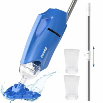 Blue pool vacuum cleaner with two filter bags and adjustable pole.