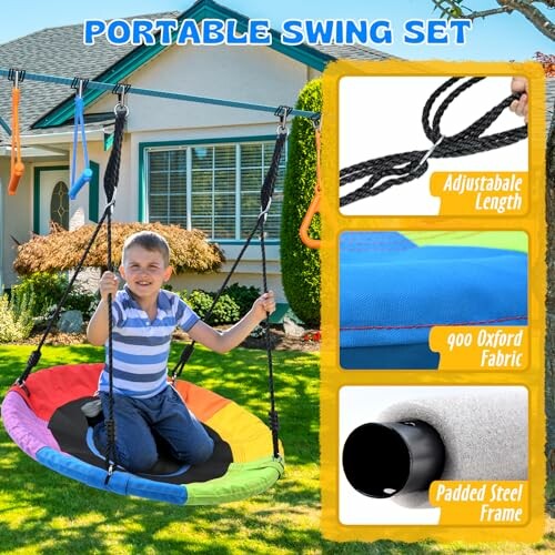 Child on a colorful round swing in a backyard with feature highlights: adjustable length, 900D Oxford fabric, padded steel frame.