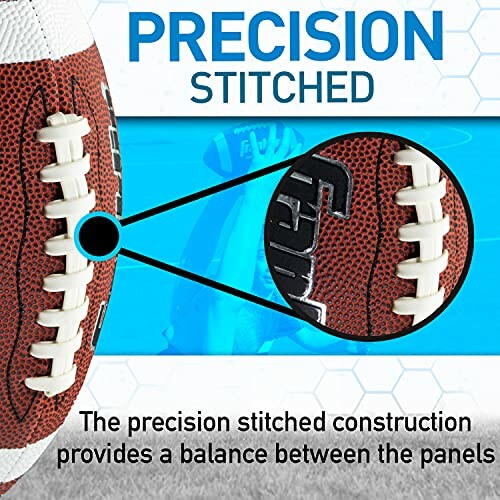 Close-up of precision stitched football with text highlighting stitching details.