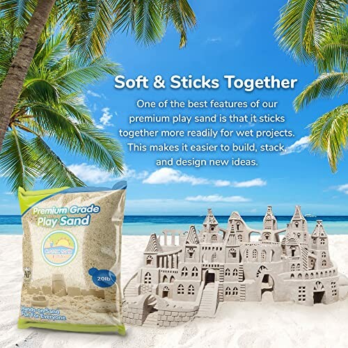 Premium grade play sand package with sand castle on a tropical beach.