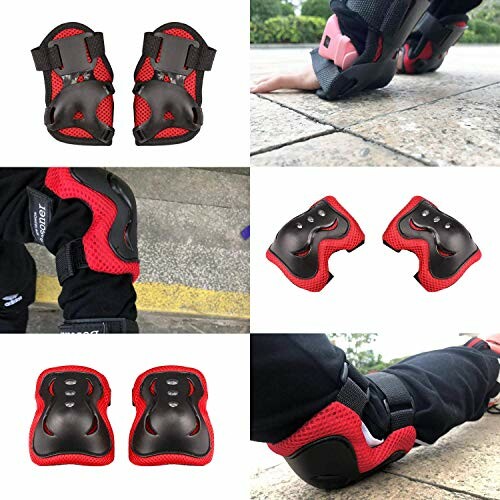 Collage of red and black protective knee and elbow pads for skating or biking.