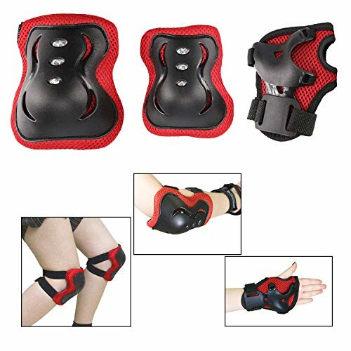 Set of protective knee, elbow, and wrist pads in red and black.