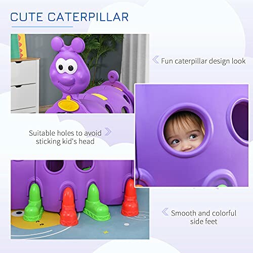 Purple caterpillar play tunnel with child peeking through holes.