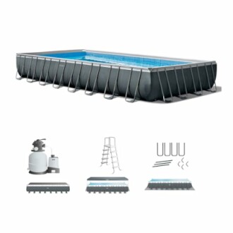 Rectangular above-ground pool with accessories including a pump, ladder, and cover.