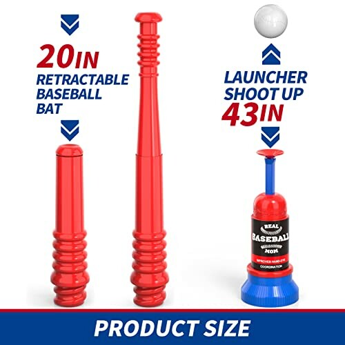 Retractable baseball bat and ball launcher with dimensions.